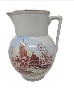 XL Antique Wash Pitcher Double Sided Transfer Ware Abbey Scene by Monitor 11.5"